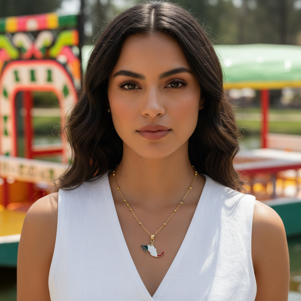 Woman wearing a white sleeveless top and the Alma Mexicana Necklace with flag pendant, standing in front of colorful boats.