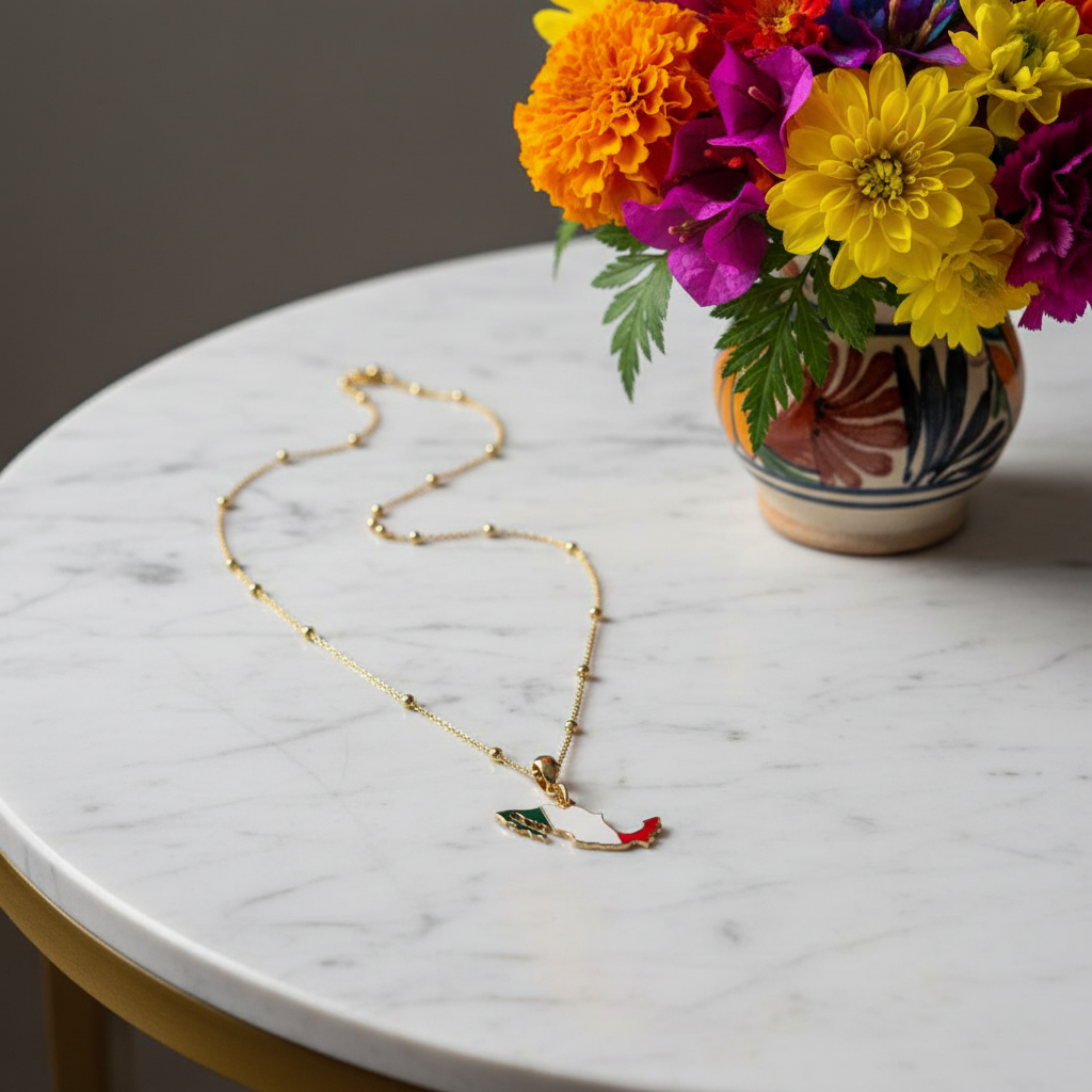 The Alma Mexicana Necklace with the Mexican flag pendant on a marble table next to a vase of flowers.