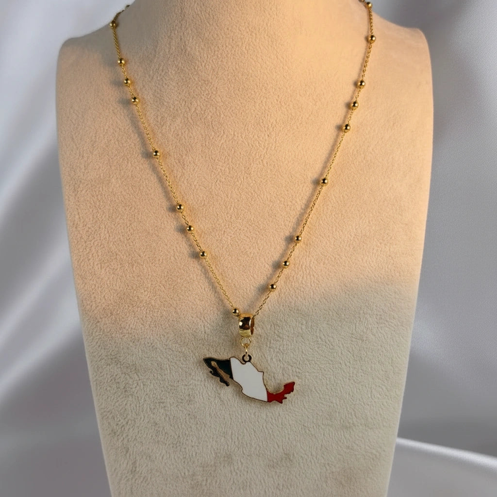  Alma Mexicana Necklace with flag pendant on a mannequin bust against a neutral background