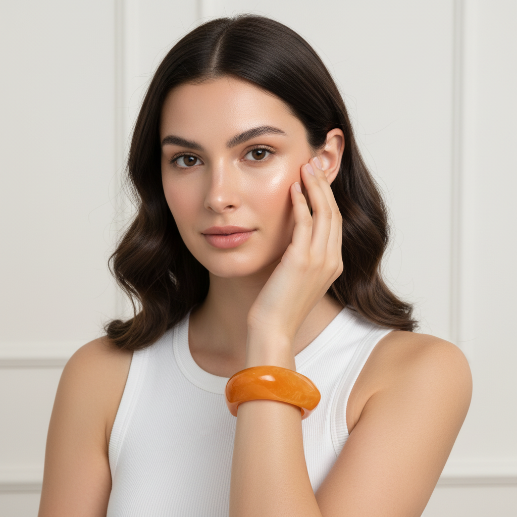 Woman with brown hair and a white tank top, wearing  the Amber Glow Bangle against a light background.