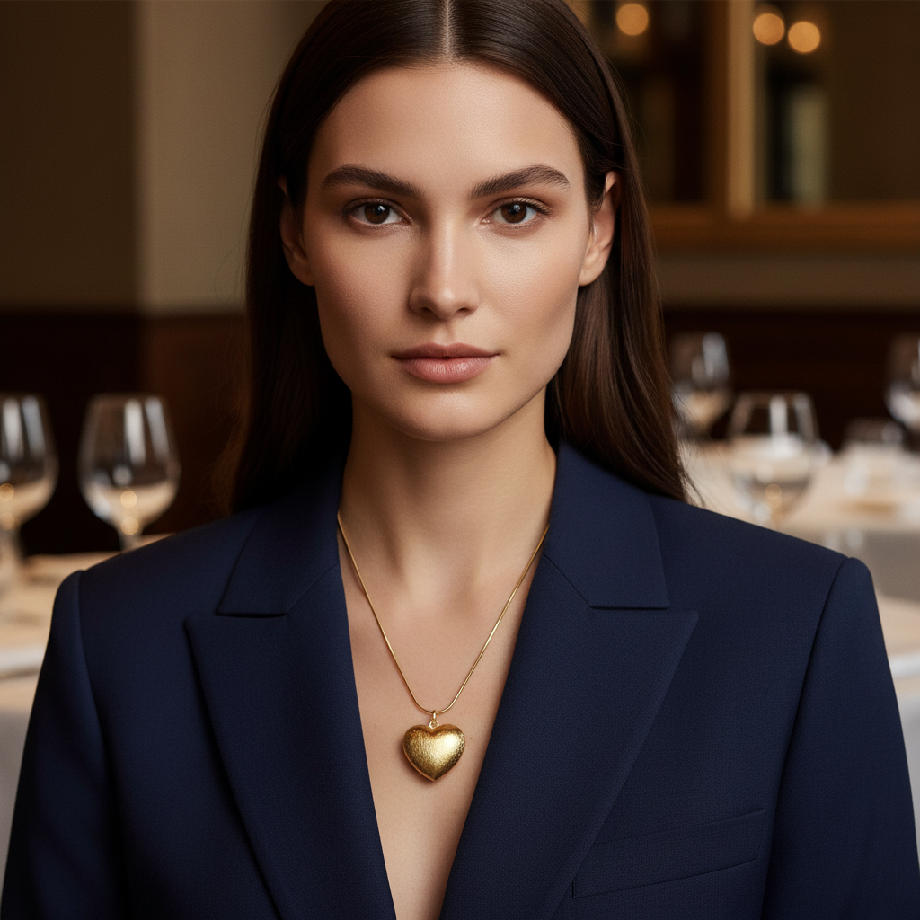 Woman wearing a navy blazer and the Amore Textura Heart Necklace in an elegant setting