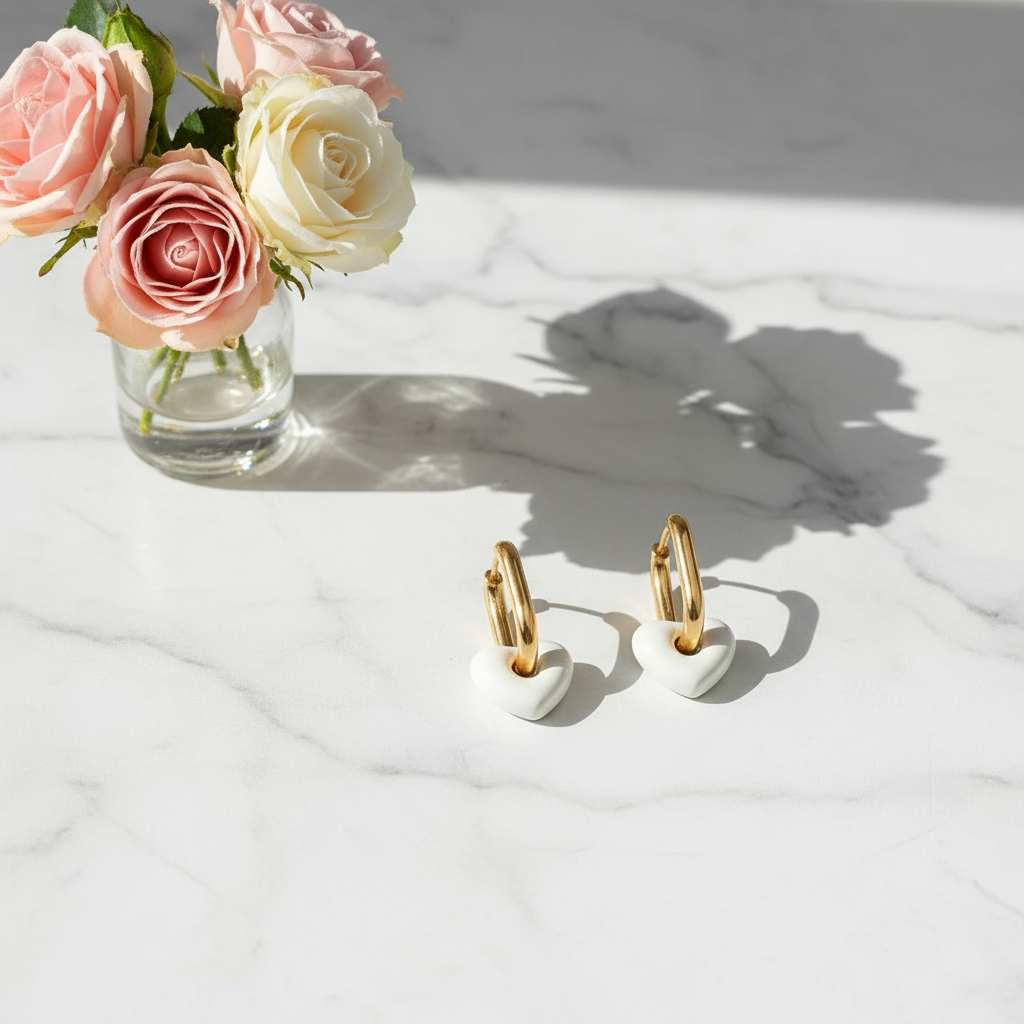 Gold hoop earrings on a marble surface with pink and white roses in the background.