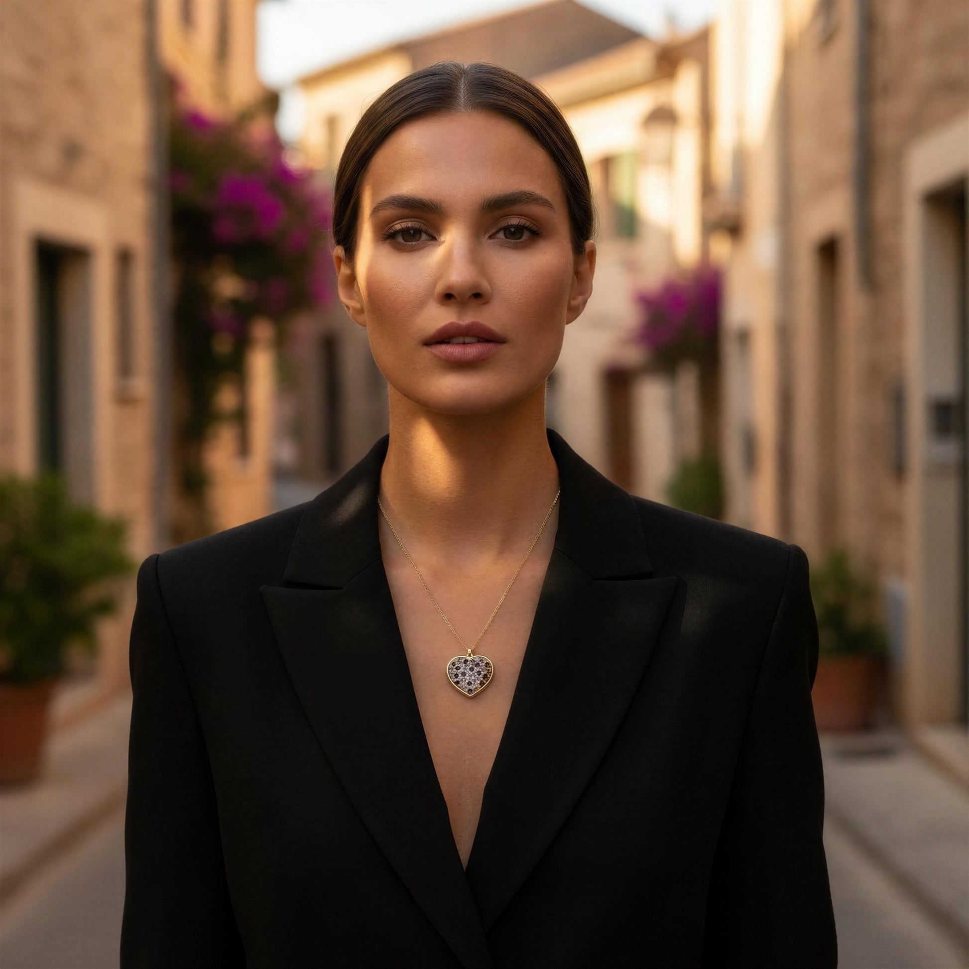 Woman in a black blazer standing in an alleyway with blurred background wearing the Wildheart Necklace