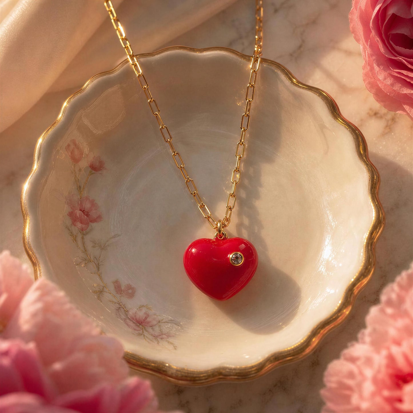 Fucshia heart-shaped pendant necklace on a decorative dish with pink flowers.