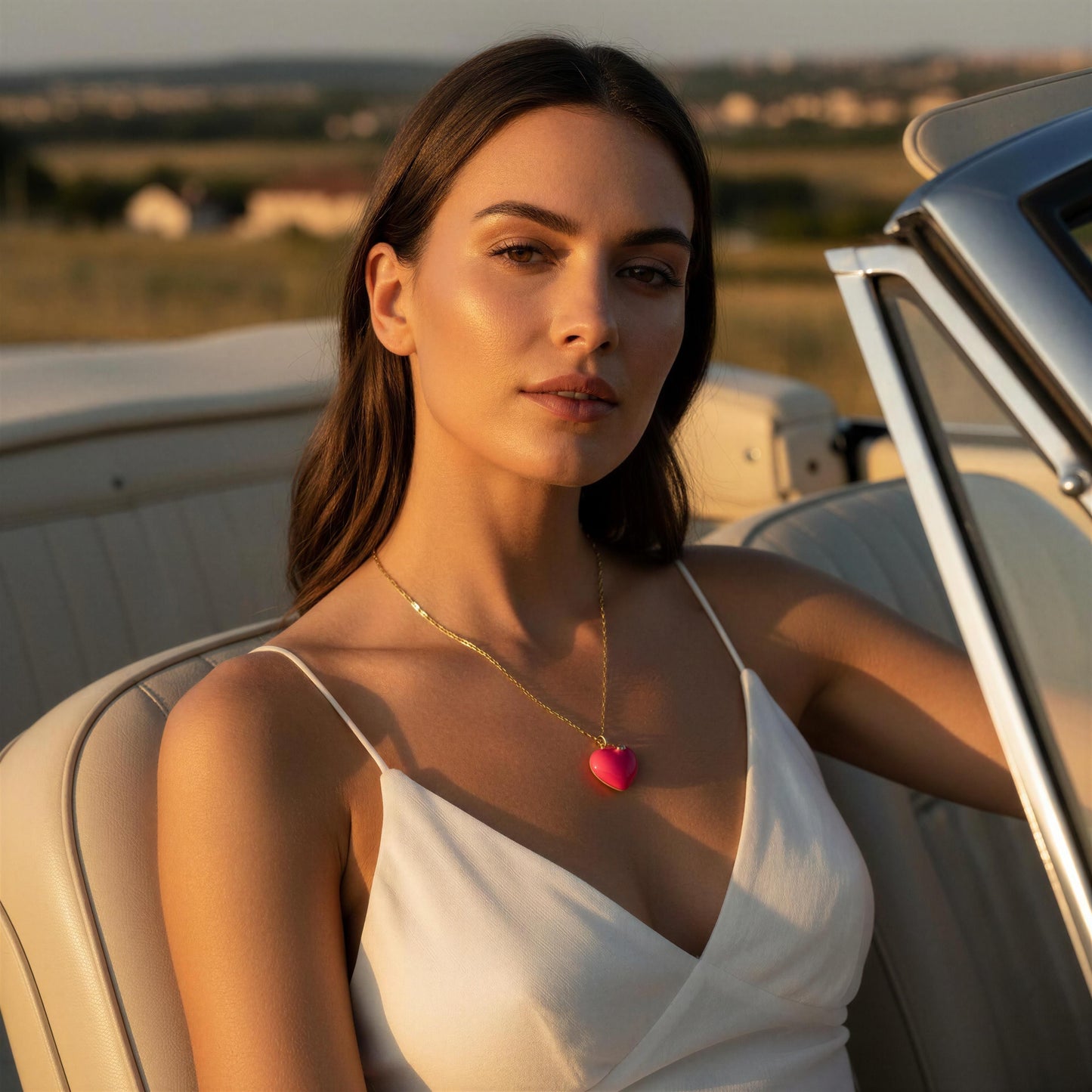 Woman in a white dress sitting in an open car with a scenic background wearing the Amore Fuchsia Heart Necklace