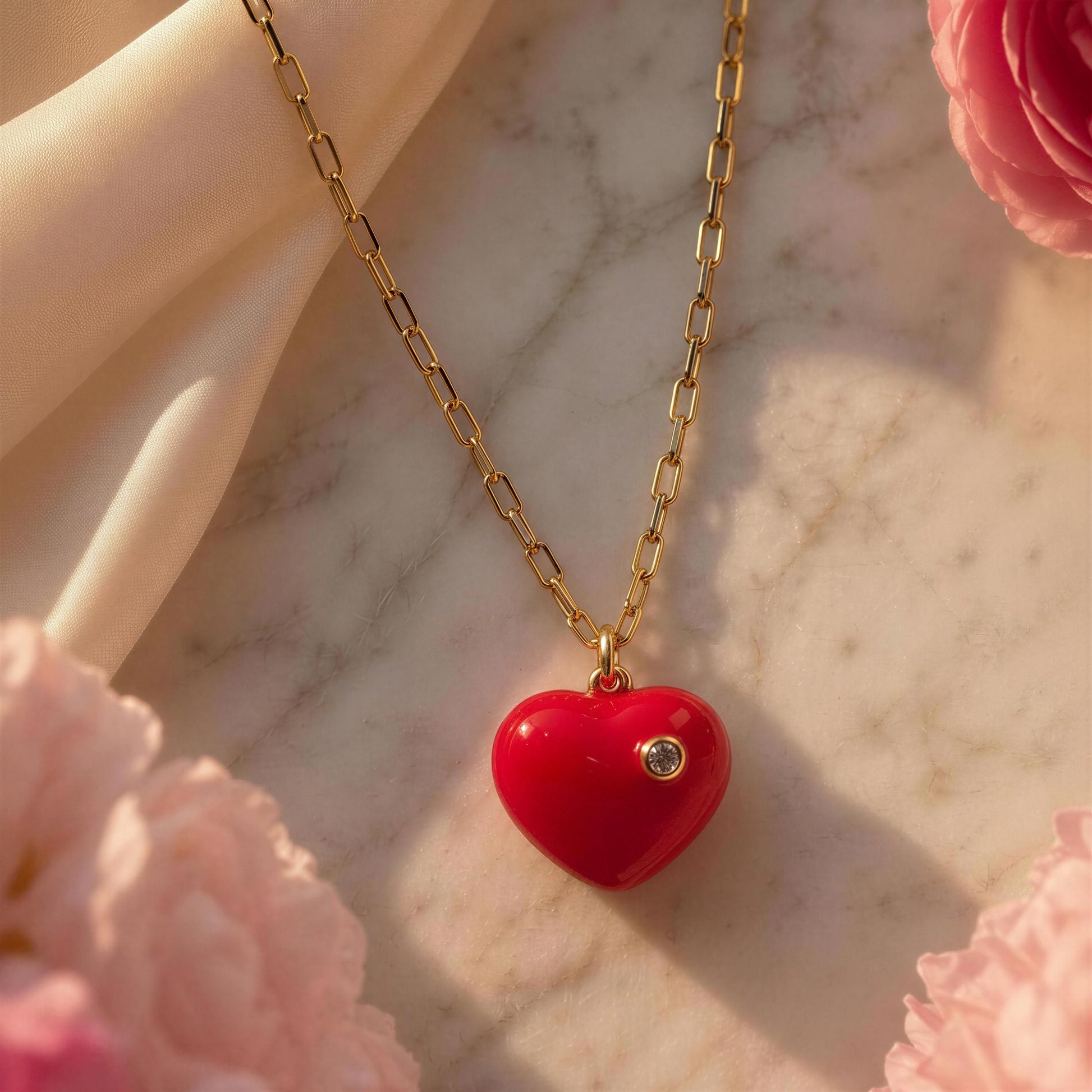 Gold necklace with a fucshia heart pendant on a marble surface with pink flowers.