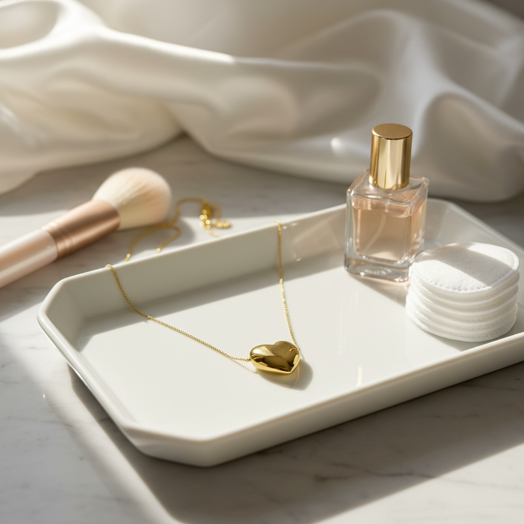 Amore Lumi Heart Necklace on white tray, makeup brush, and perfume bottle on a marble surface