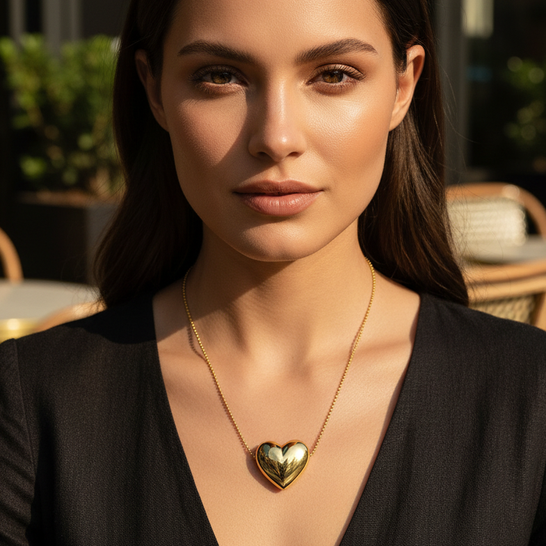Woman wearing a gold heart-shaped necklace in an outdoor setting