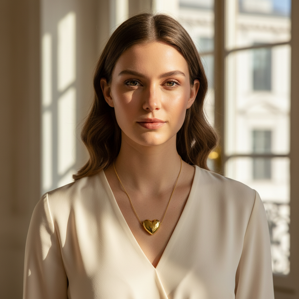Woman wearing the gold Amore Lumi Heart Necklace  in a softly lit room.