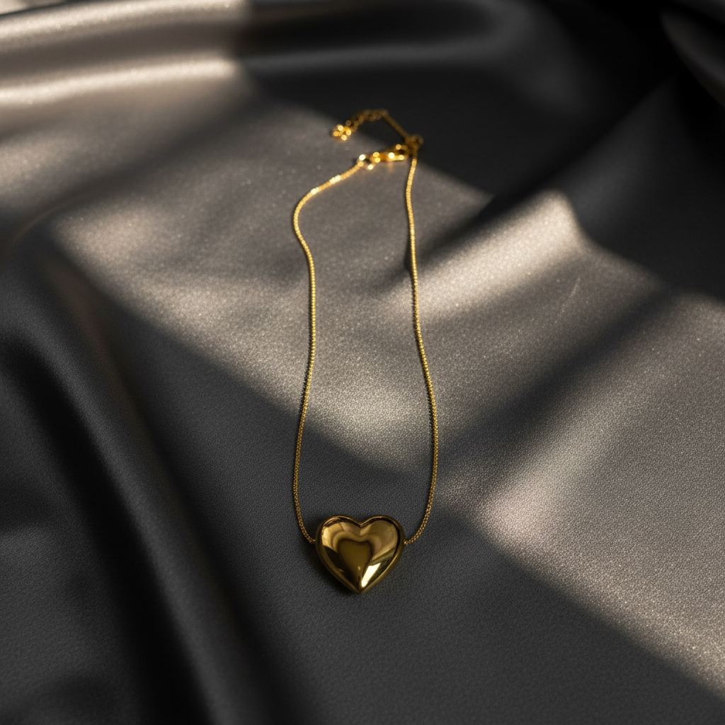 Gold heart-shaped necklace on a dark fabric background