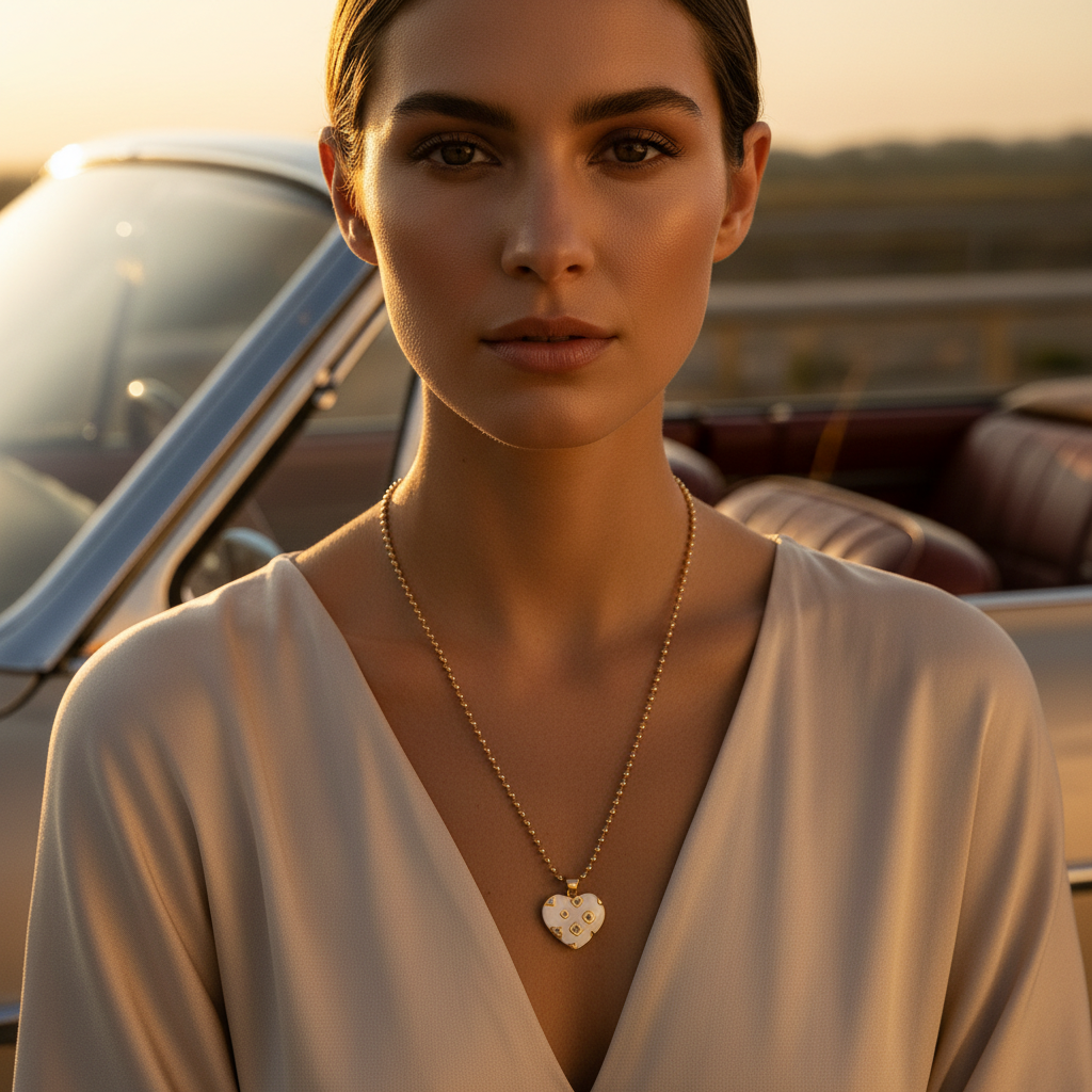 Woman wearing a necklace with a heart pendant in front of a vintage car.