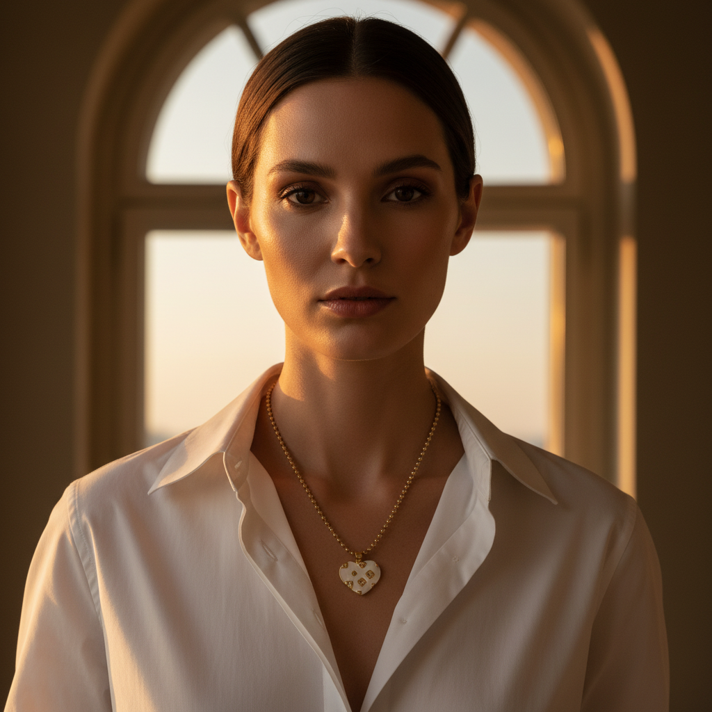 Woman wearing a white shirt and gold necklace in front of an arched window with warm light.