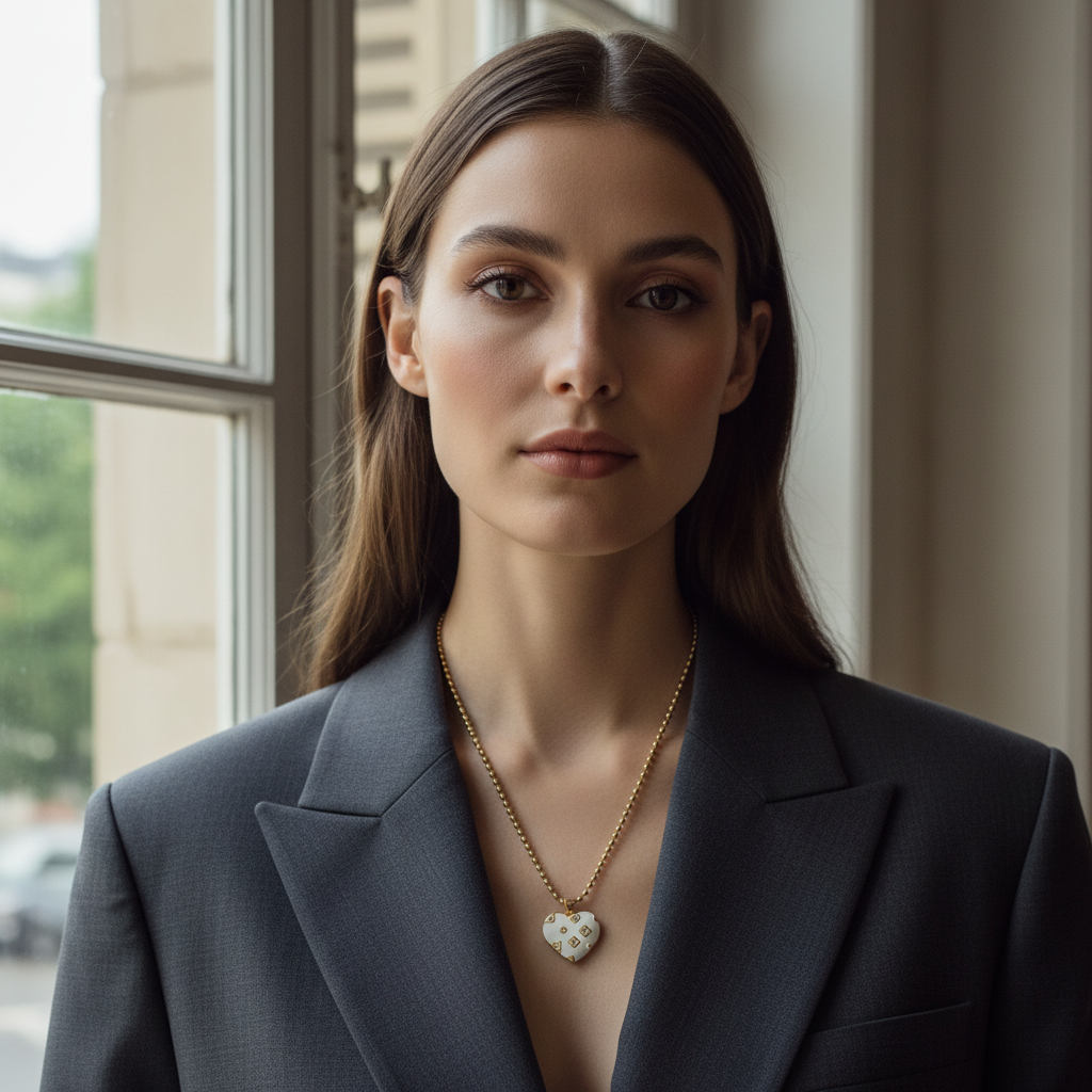 Woman wearing a gray blazer and the Amore Mosaico Heart Necklace  with a heart pendant in front of a window.