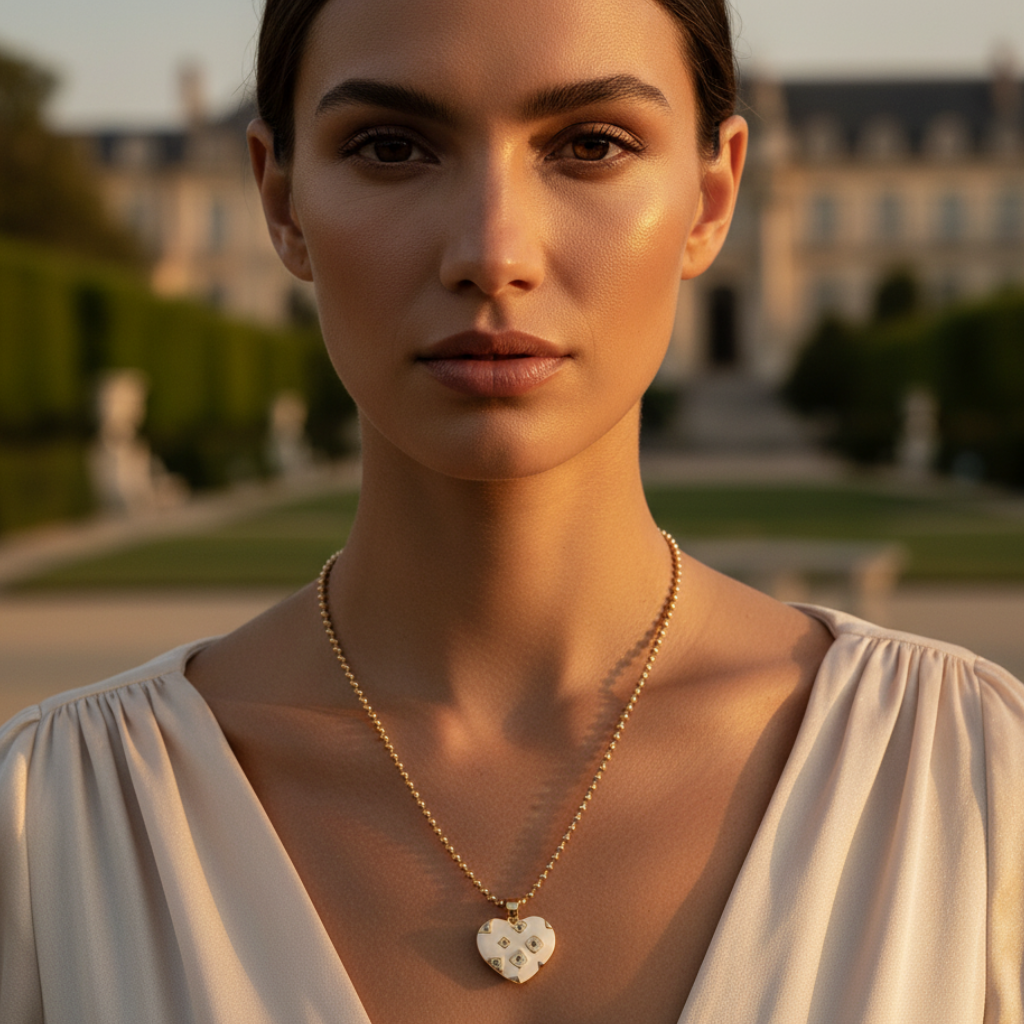 Woman wearing a necklace with a heart-shaped pendant in an outdoor setting