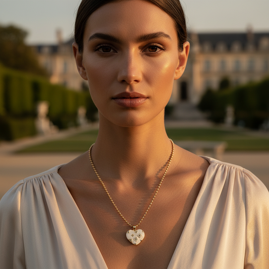 Woman wearing a necklace with a heart-shaped pendant in an outdoor setting