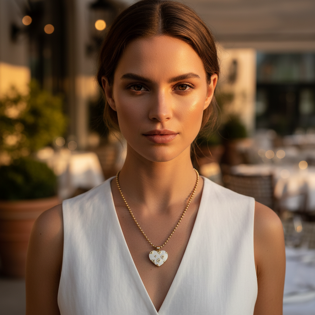 Woman wearing a necklace with a heart-shaped pendant in an outdoor setting