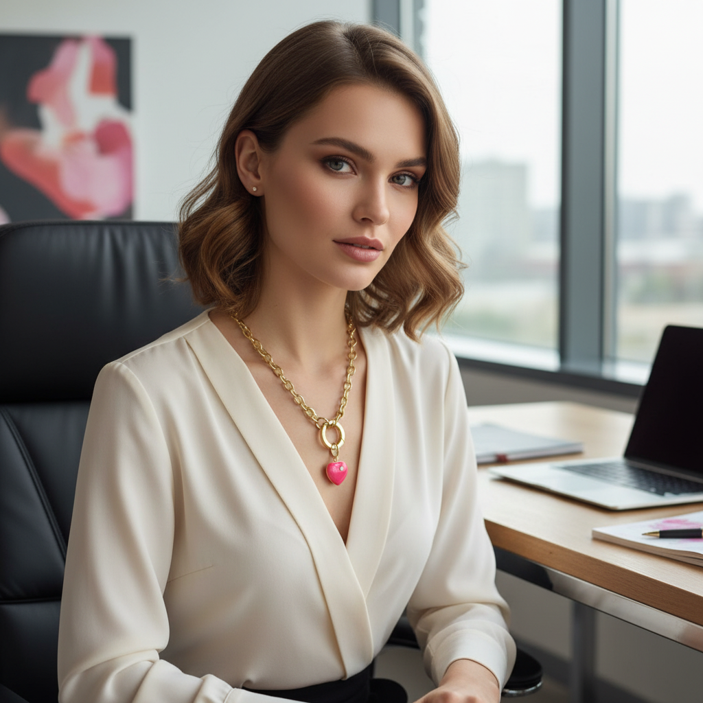 Woman sitting at a desk in an office setting with a cityscape view.