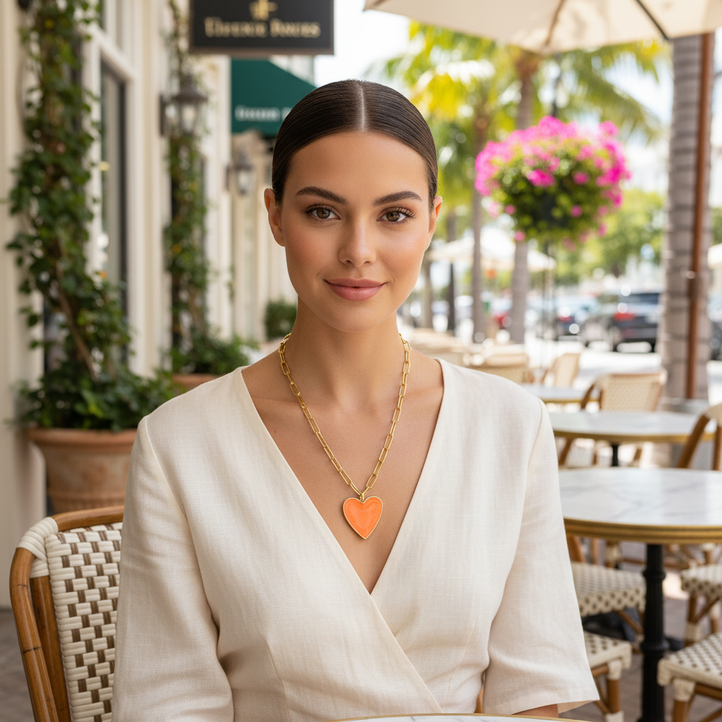 Woman sitting outdoors at a cafe wearing a gold necklace with a heart pendant.