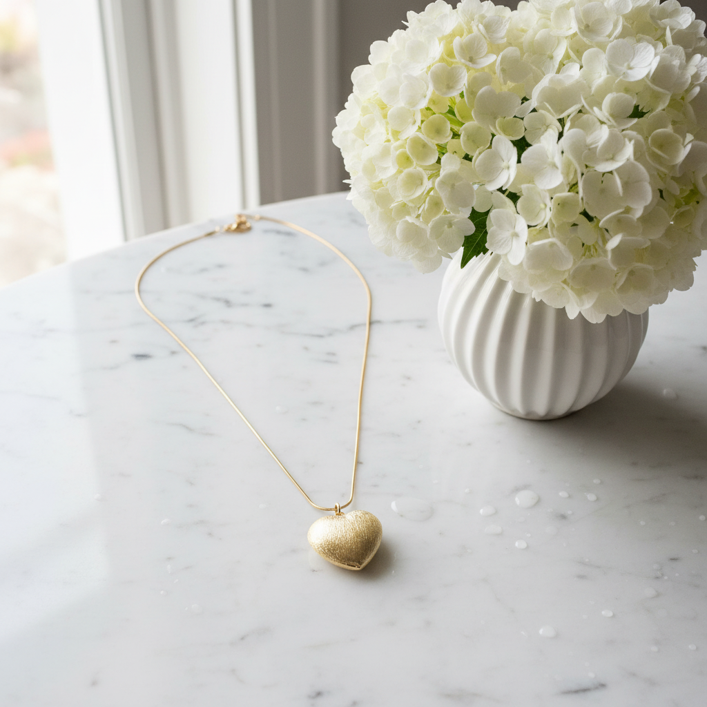 Gold heart-shaped pendant necklace on a marble surface with white flowers in the background