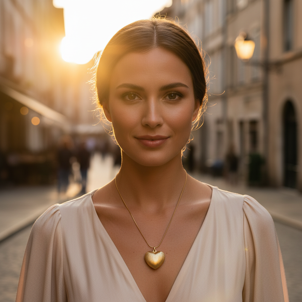 Woman wearing a gold necklace with a heart pendant on a city street.