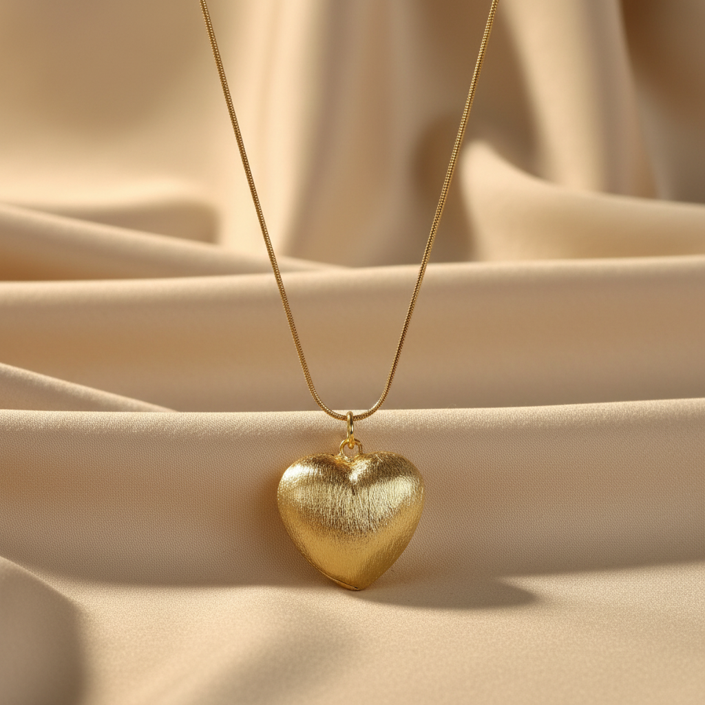The Amore Textura Heart Necklace on a beige fabric background
