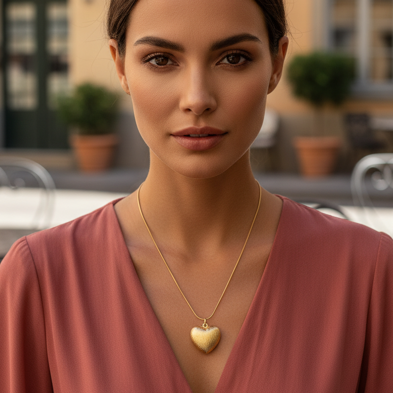 Woman wearing a gold heart-shaped necklace in an outdoor setting