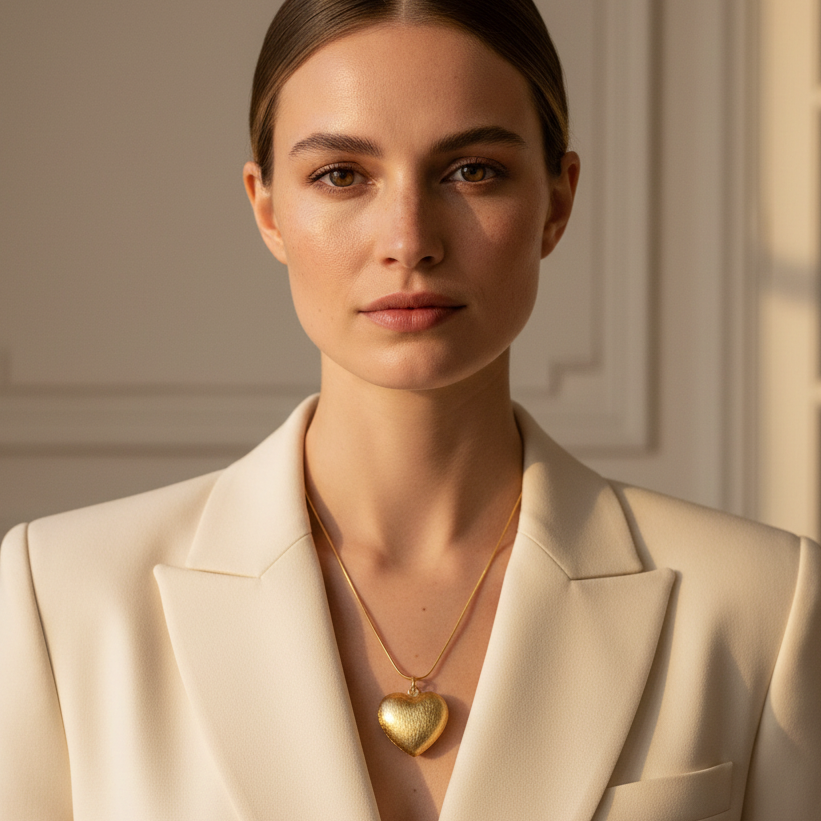 Woman wearing a beige blazer and the Amore Textura Heart Necklace in a softly lit room.