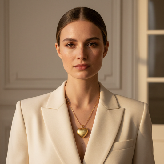Woman wearing a beige blazer and the Amore Textura Heart Necklace in a softly lit room.