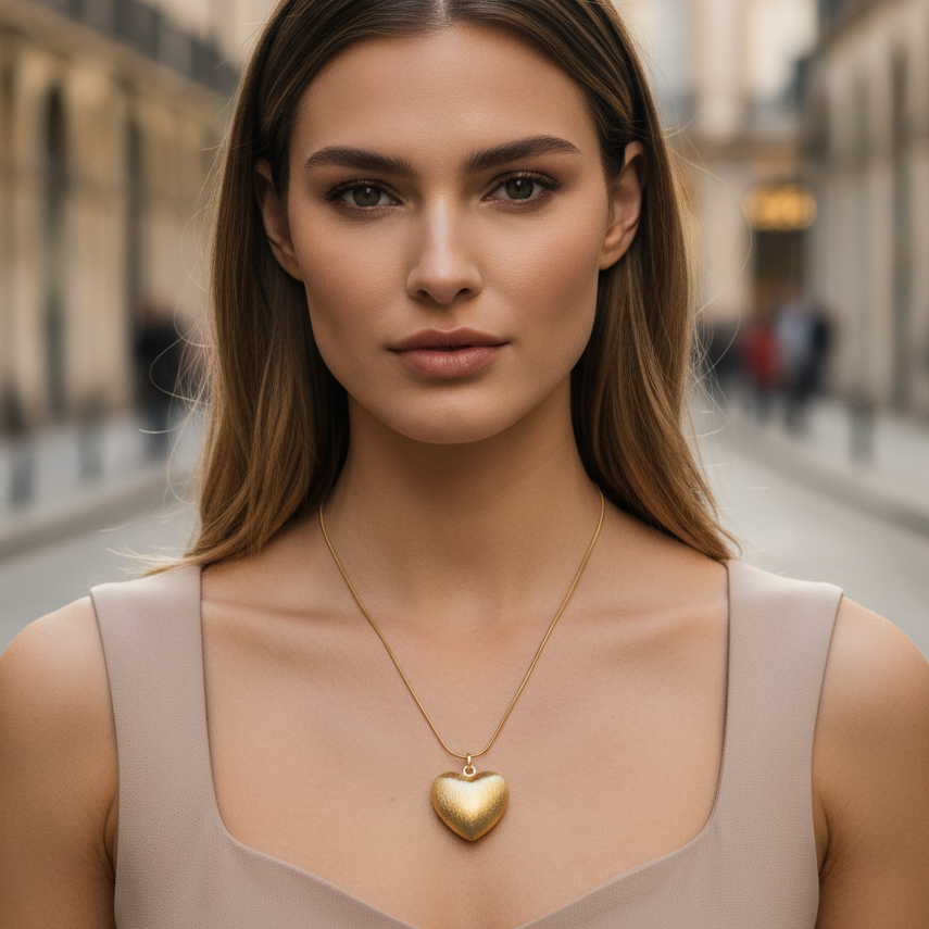 Woman wearing the Amore Textura Heart Necklace in an urban setting