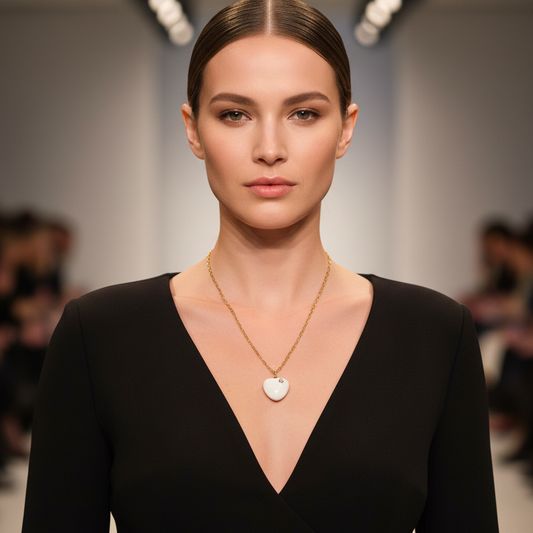 Model wearing a black dress with a deep neckline and gold necklace on a runway.