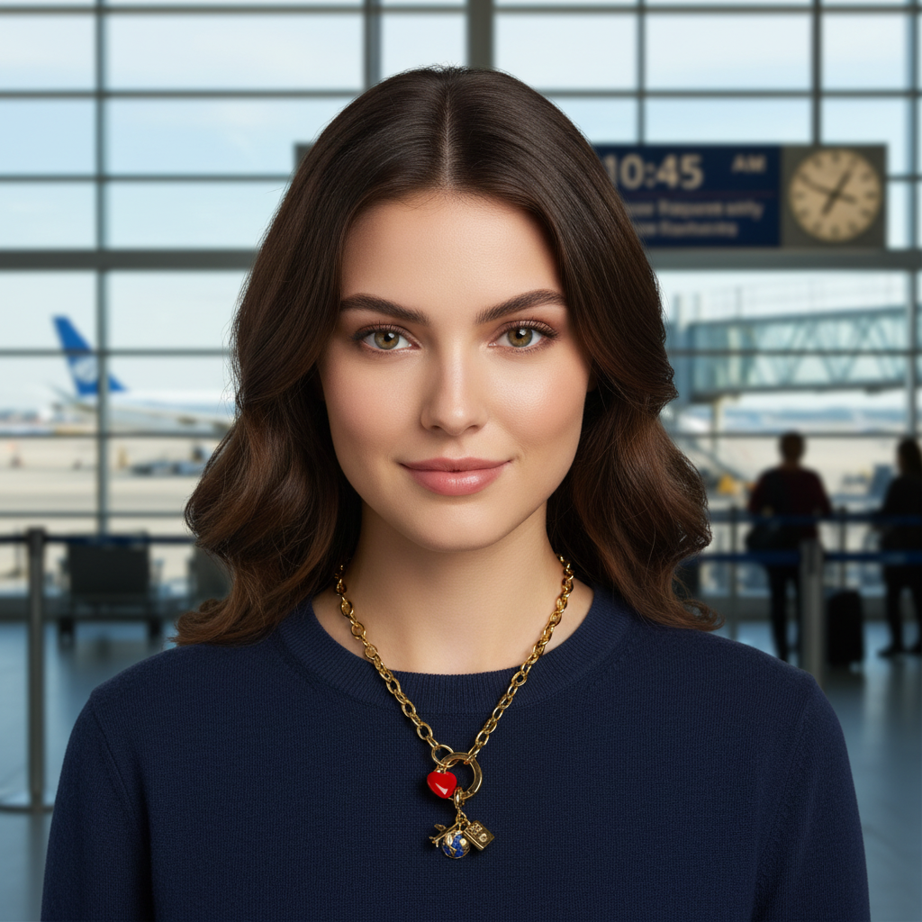 Woman wearing a necklace with charms in an airport setting