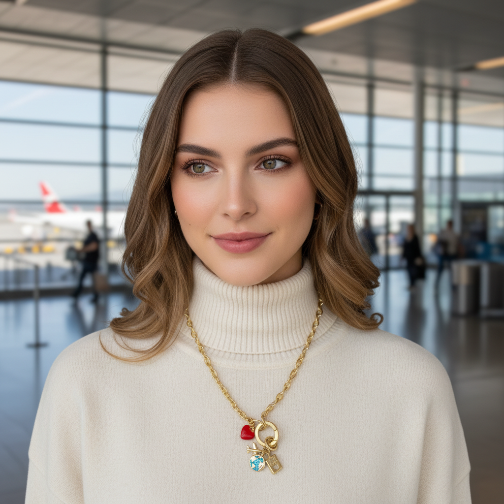 Woman wearing a white turtleneck sweater with a gold necklace in an airport setting