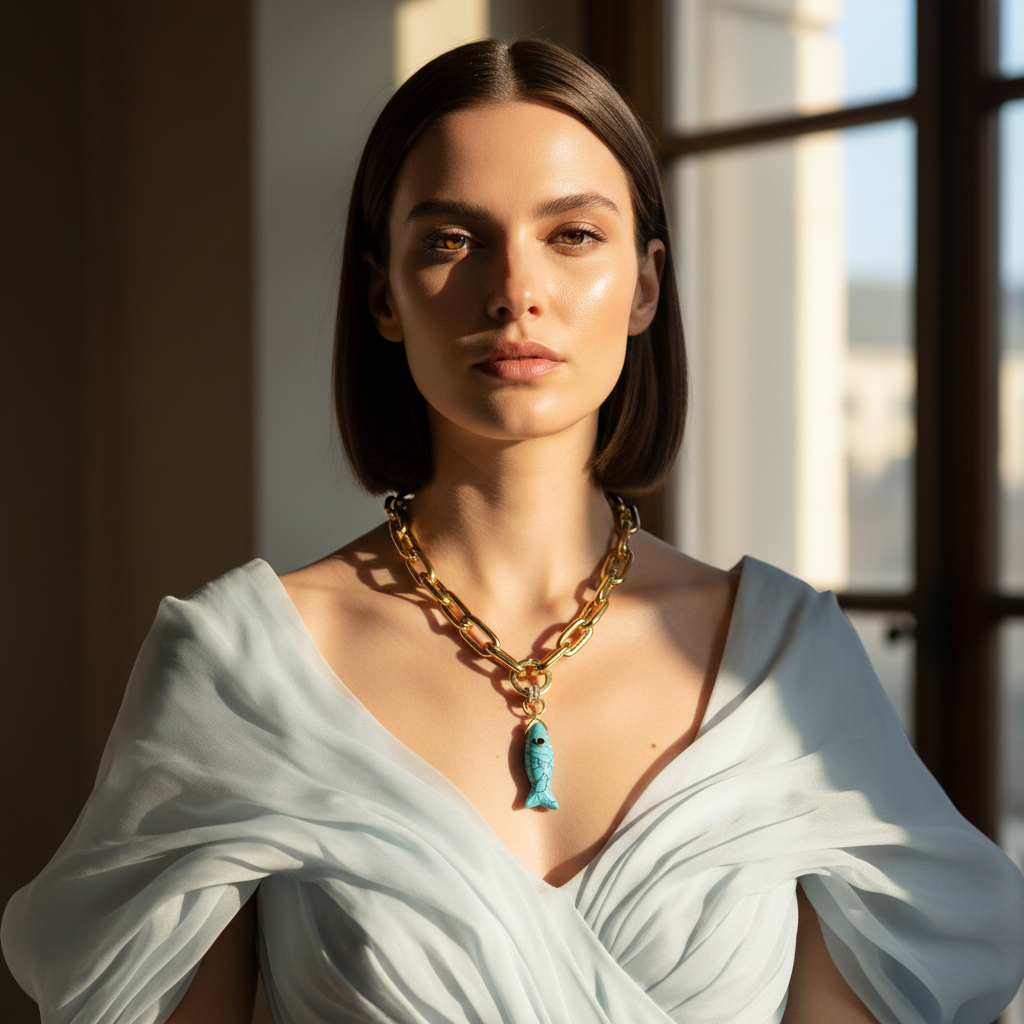 Woman wearing the Aqua Fish Necklace with a blue pendant indoors
