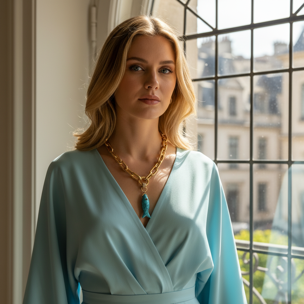 Woman in a light blue dress with the Aqua Fish Necklace standing by a window with a cityscape view.