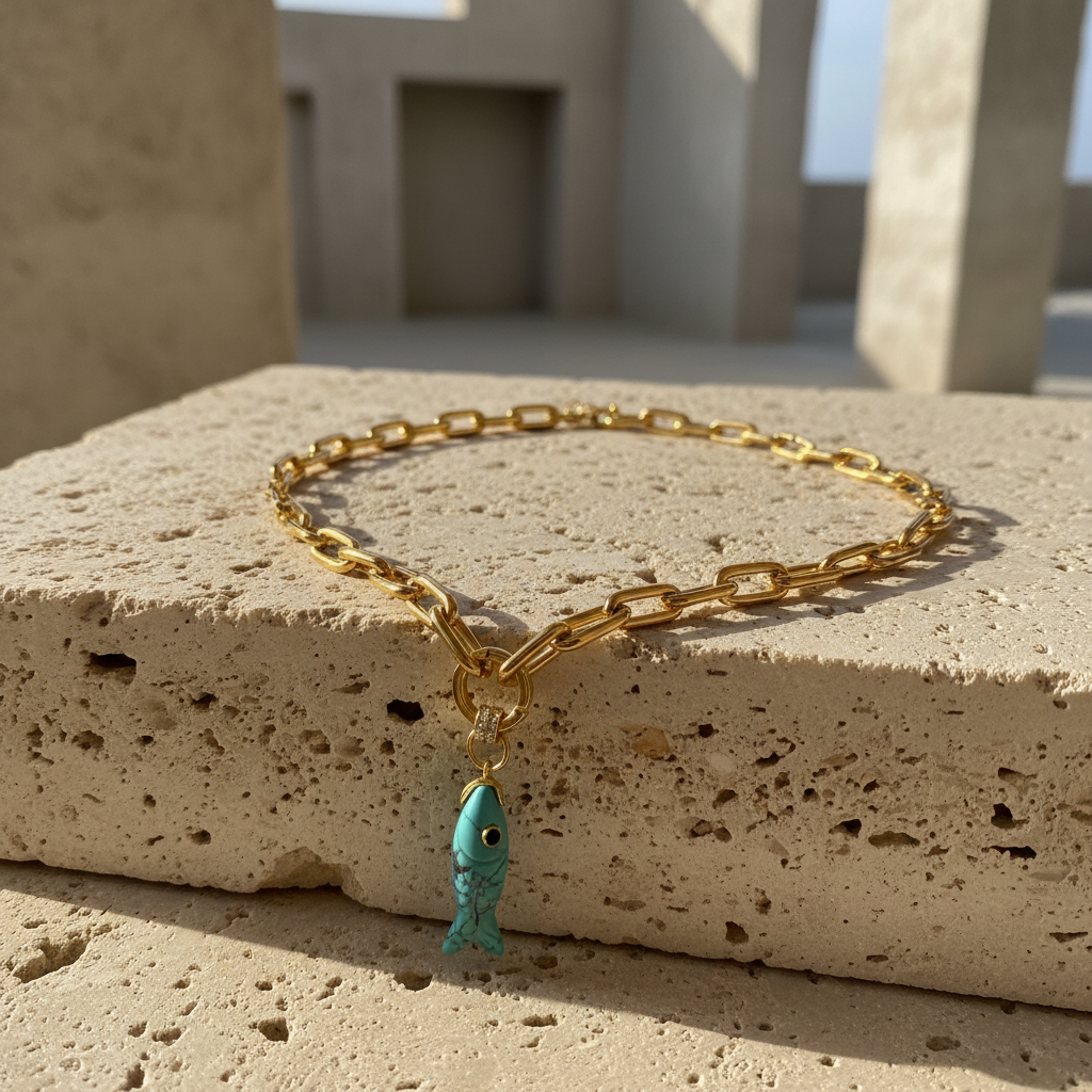 Aqua Fish Necklace with a turquoise fish charm on a textured stone surface.
