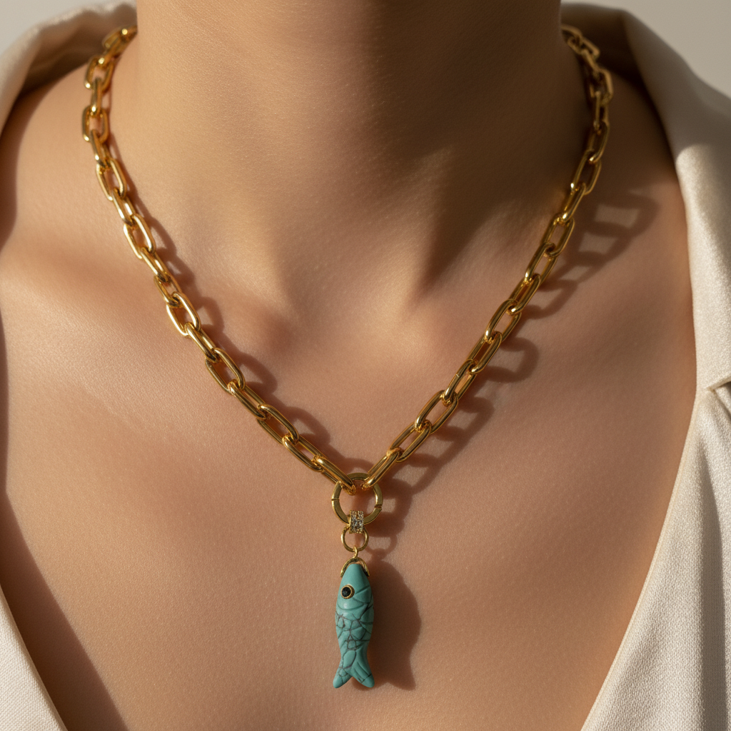 Gold chain necklace with a turquoise fish pendant on a person wearing a beige top.