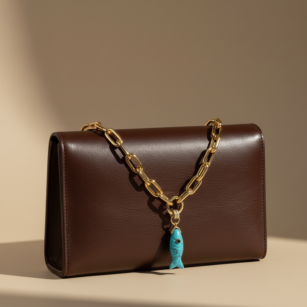 Brown handbag with a gold chain and turquoise fish charm - the Aqua Fish Necklace on a beige background