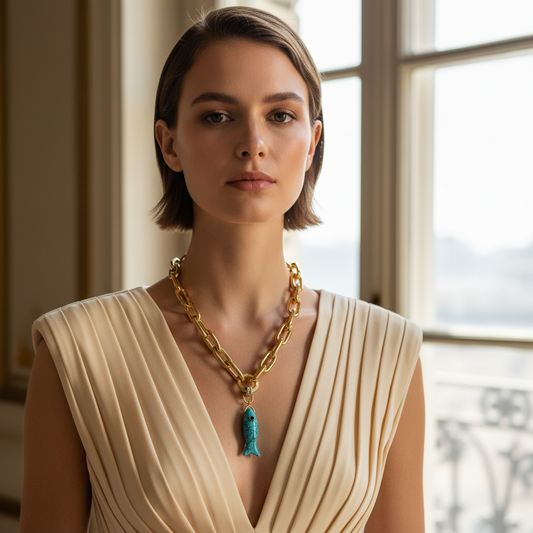 Woman wearing a gold necklace with a blue pendant in an elegant indoor setting