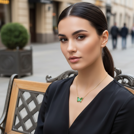 Woman wearing a necklace with a green pendant in an urban setting