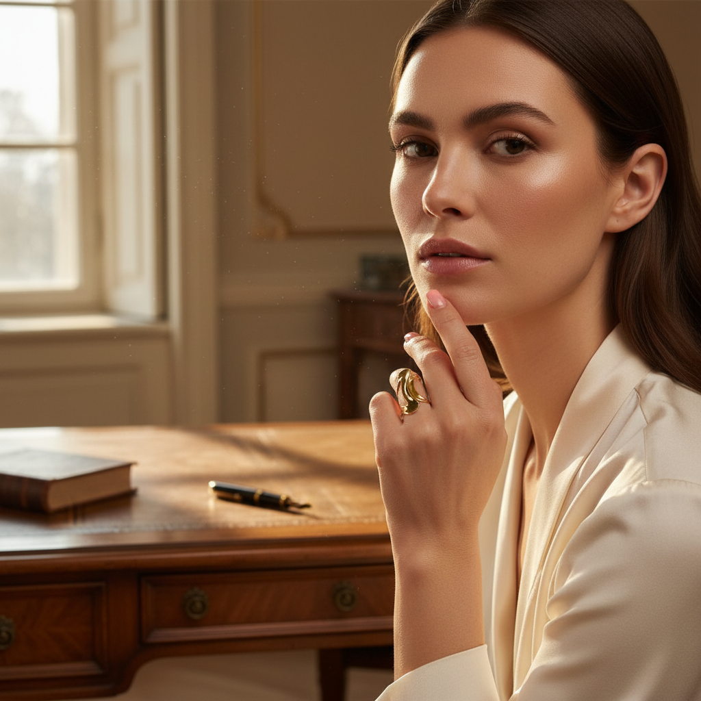 Woman sitting at a wooden desk in a room with a window, wearing a beige outfit and the Aurea Ring from Chica Chica Jewelry.