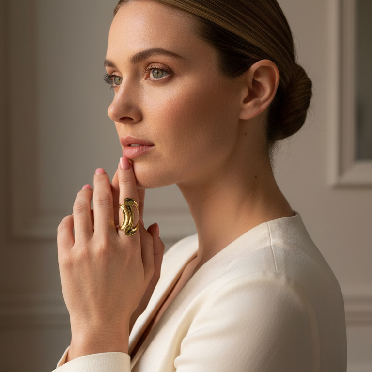 Woman wearing the Aurea_Ring in a neutral setting