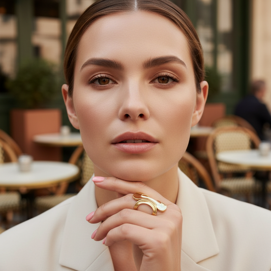 Woman wearing the Áurea Ring in an outdoor cafe setting