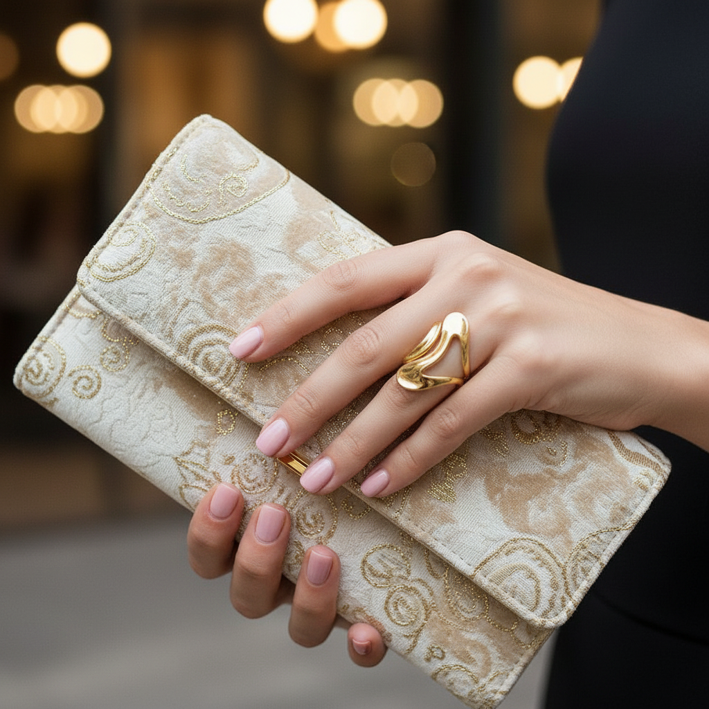 Hand holding a decorative clutch with a blurred background and her Chica Chica Jewelry Aurea Ring.
