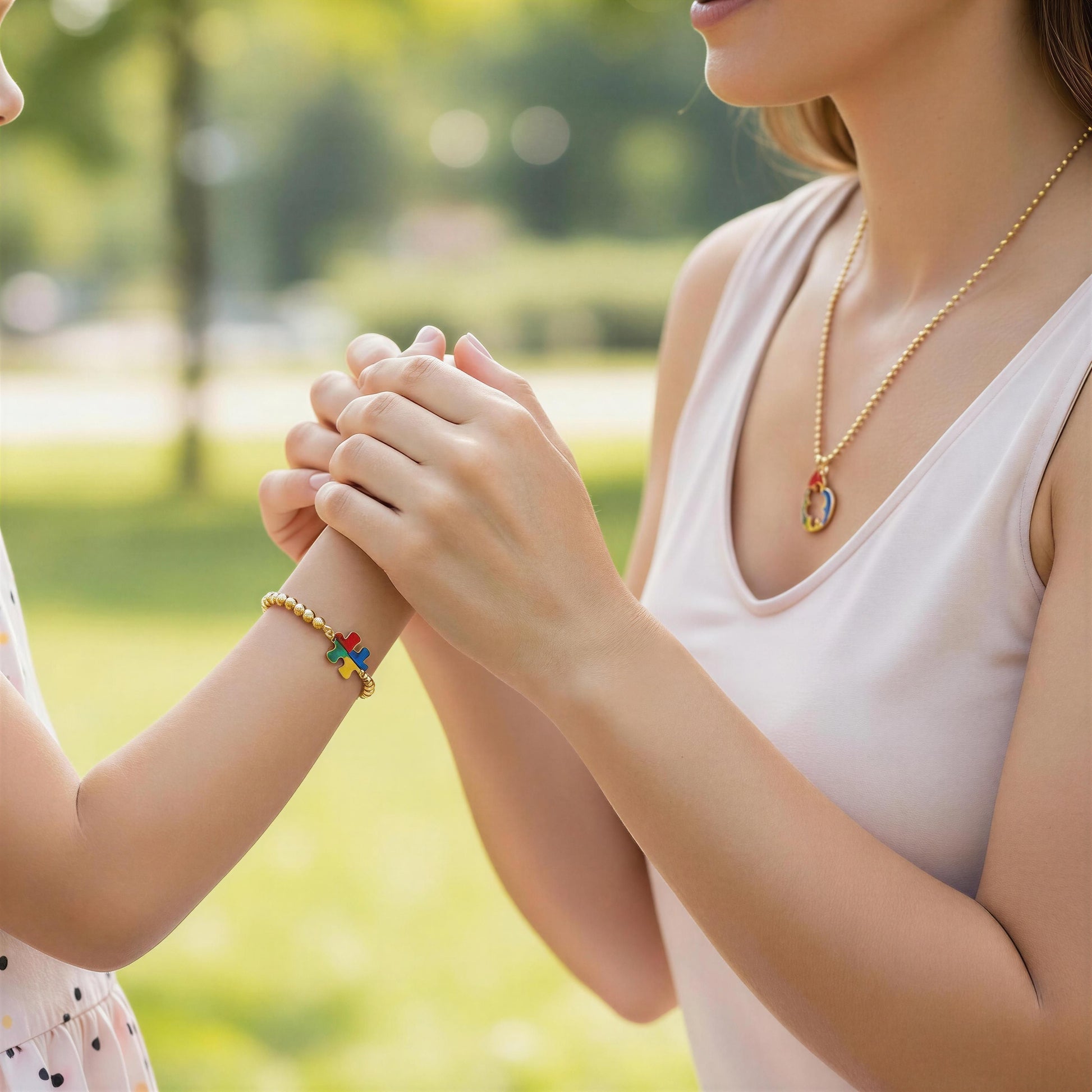 Two people holding hands with the Autism Connection Heart Set – Gold Beaded Bracelet on one wrist, set against a blurred green outdoor background.