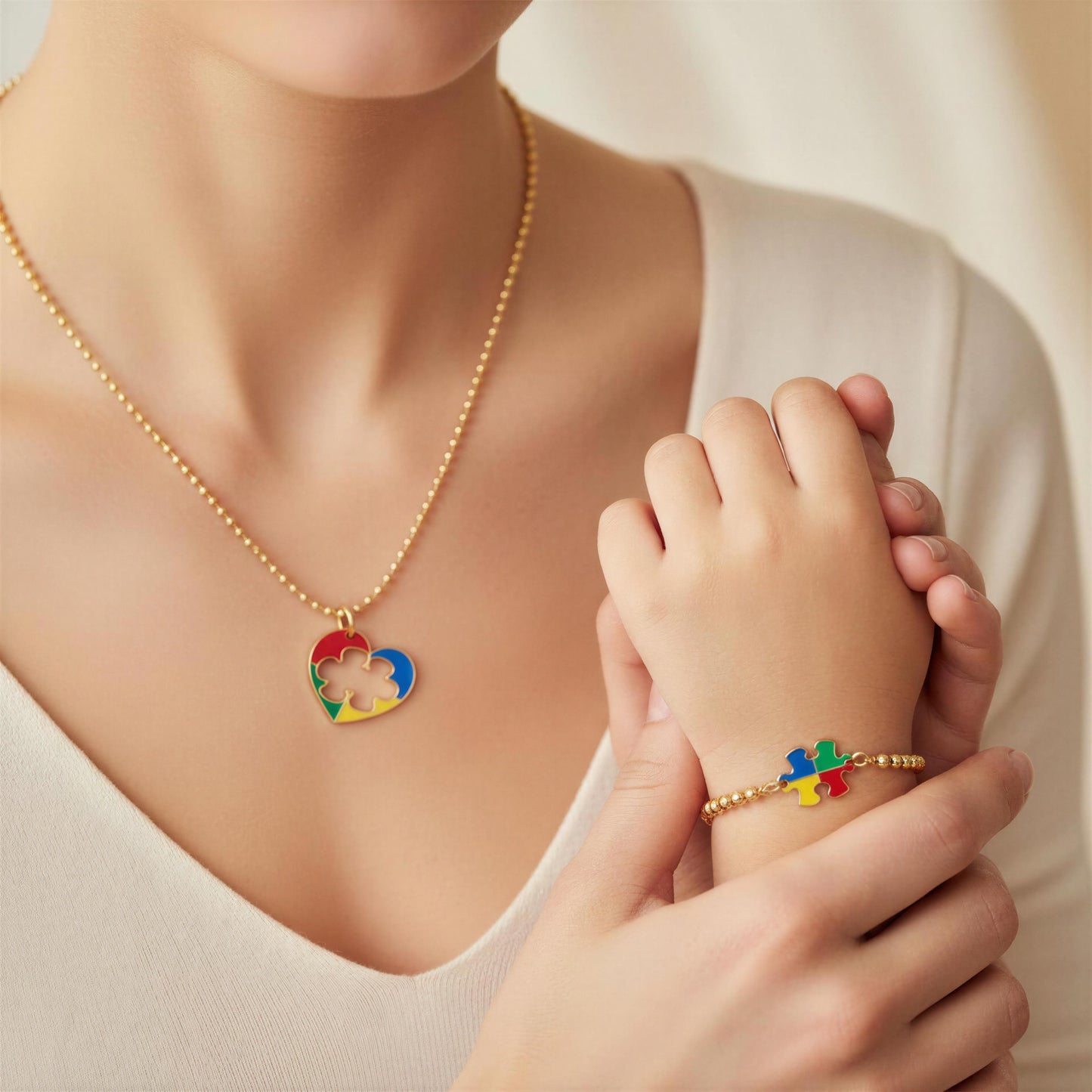 Mom and daughter wearing the Autism Connection Heart Set – Gold Beaded Bracelet from Chica Chica Jewelry