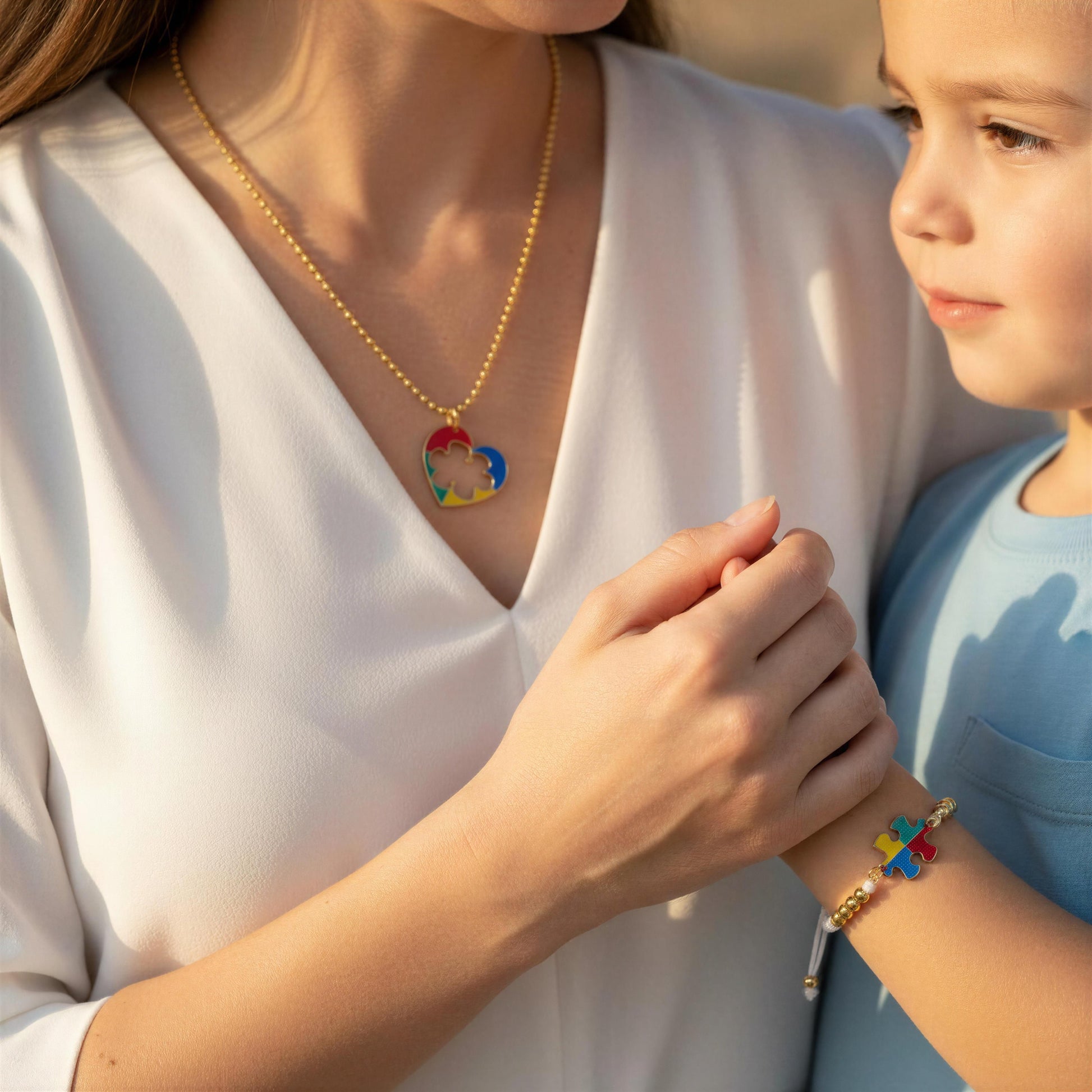 Woman and child holding hands, both wearing colorful autism awareness jewelry.