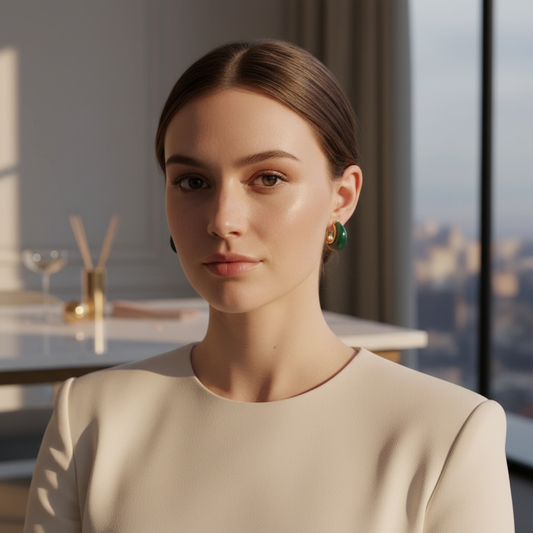Woman wearing green earrings in a modern interior setting