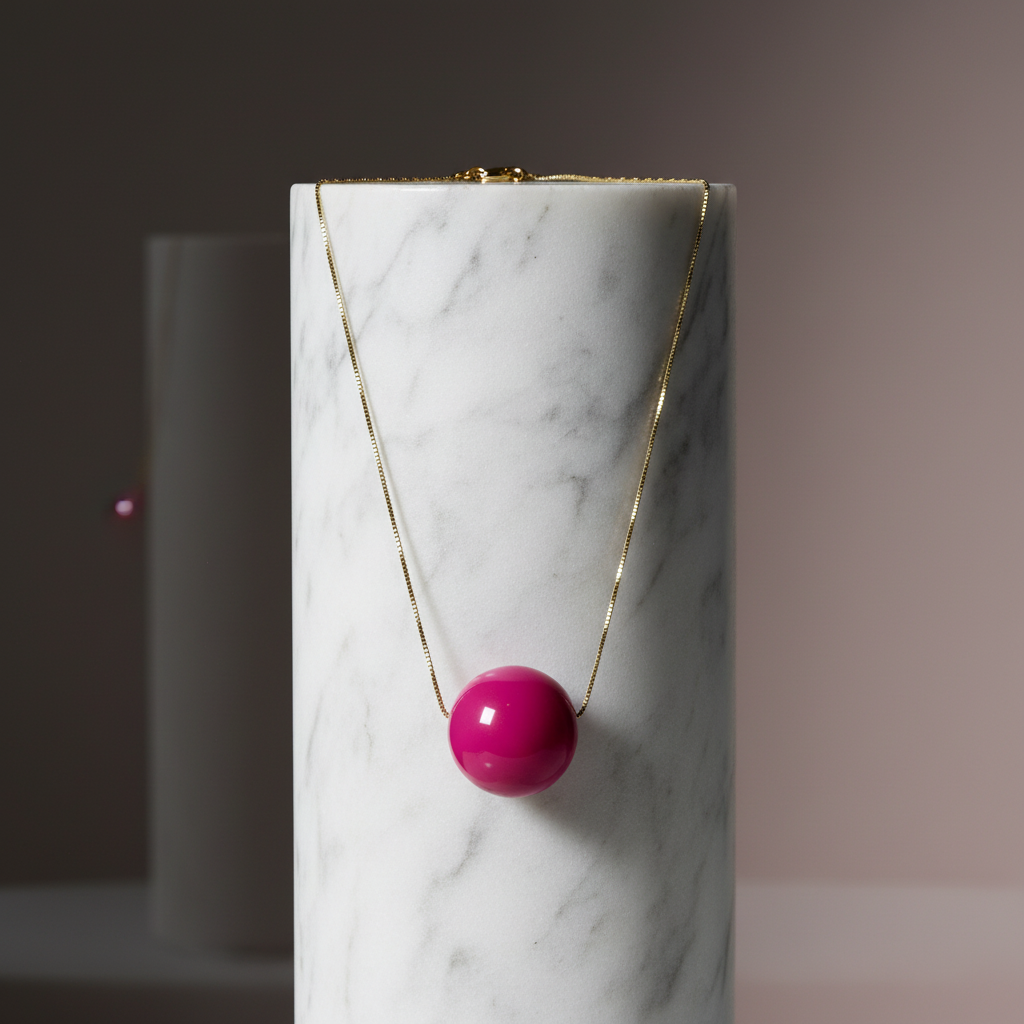 The Azalea sphere statement necklace with 24mm pink bead on gold chain