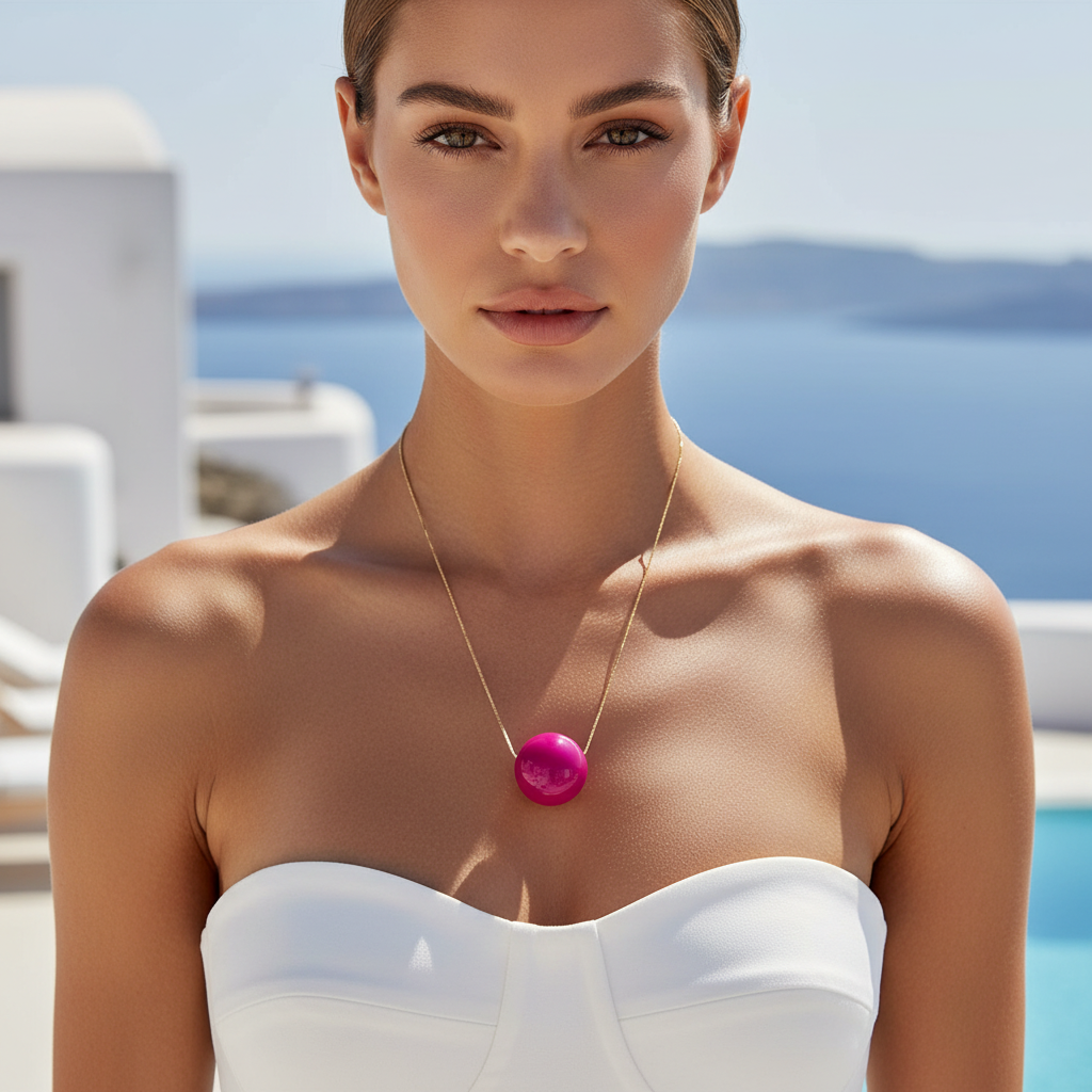 Woman wearing a white strapless top and a necklace with a pink pendant, standing against a scenic background.