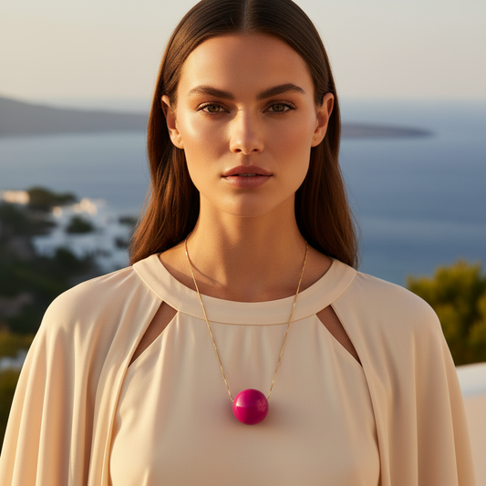 Woman wearing the Azalea Sphere Statement Necklace with a pink pendant against a scenic background